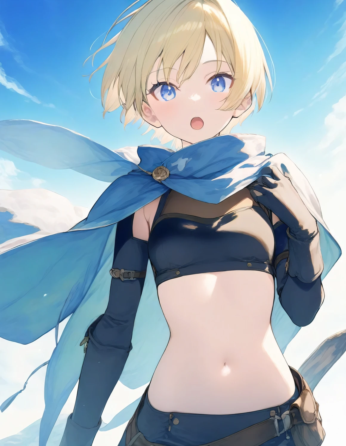 1girl, tomboy, small breasts, open mouth, outdoors,wind, fantasy, comic cover, break,((artist:fujiyama)),(artist:akinashi_yuu:0.5),(masterpiece), (best quality), (ultra-detailed), very aesthetic, newest, beauty illustration,super detailed skin, detailed eyes, absurdres, highres,Best Detailed lighting cg,8k