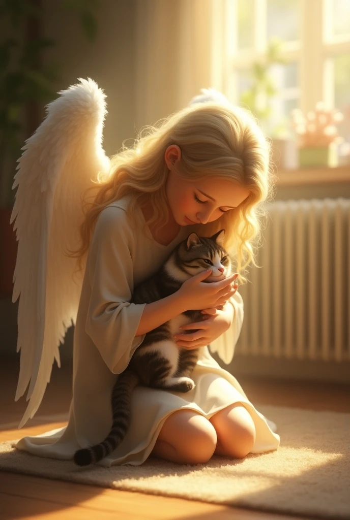 Blonde woman with 2 children, 2 year old blonde girl and 11 year old brown haired boy and grey kitten and an angel apart who takes care of us