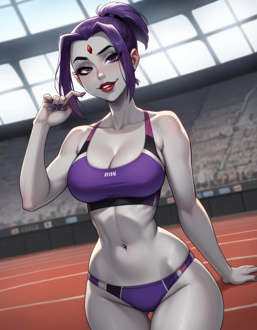 score_9, score_8_up, score_7_up, source_anime, fsports bra, competition sports bra, (purple bra), (purple buruma), Stadium full of people. Olympics. white trims, best quality, expressive eyes, short ponytail, high ponytail,, realistic BREAK 1girl, solo, ((grey skin)).  looking at viewer, dutch angle, looking up, smile,, Goth raven form teen titans, (big hips), hourglass body, happy, thigh gap, underwear, lips, red lips, lipstick,  BREAK, purple hair, parted lips, high waisted panties,nail polish, ((narrow waist)), looking at viewer, thighs, indoors, 