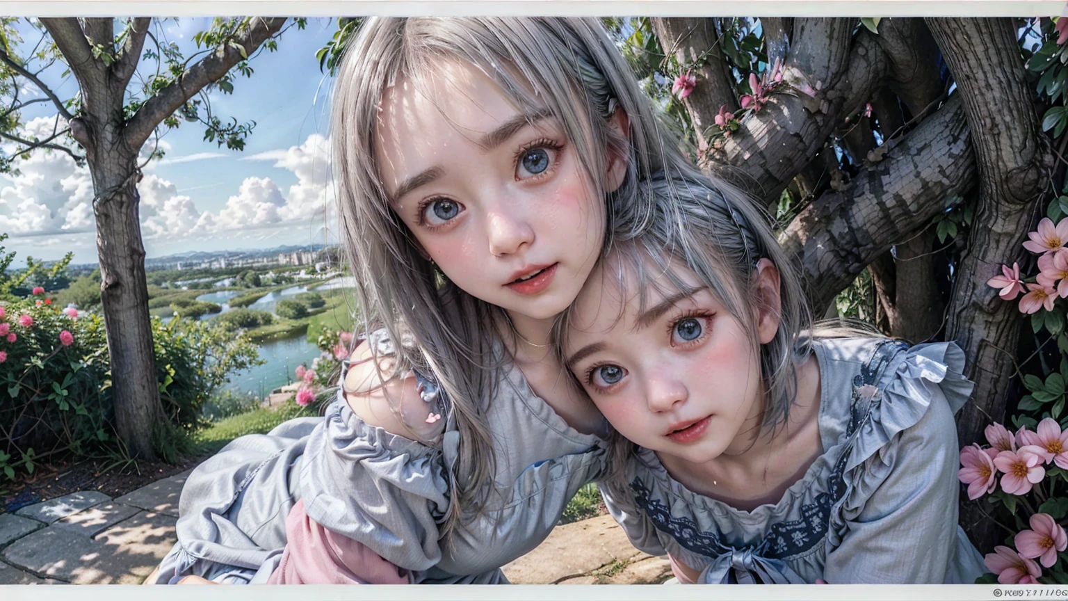 (4 Girls), Indonesian baby face, 20 years old,Short hair, white skin, big breast, blue eyes, meadow, silver hair, 8K, The details are very realistic.., There is a lot of light.., The best of taking photos wearing jeans.. (4 Girls)