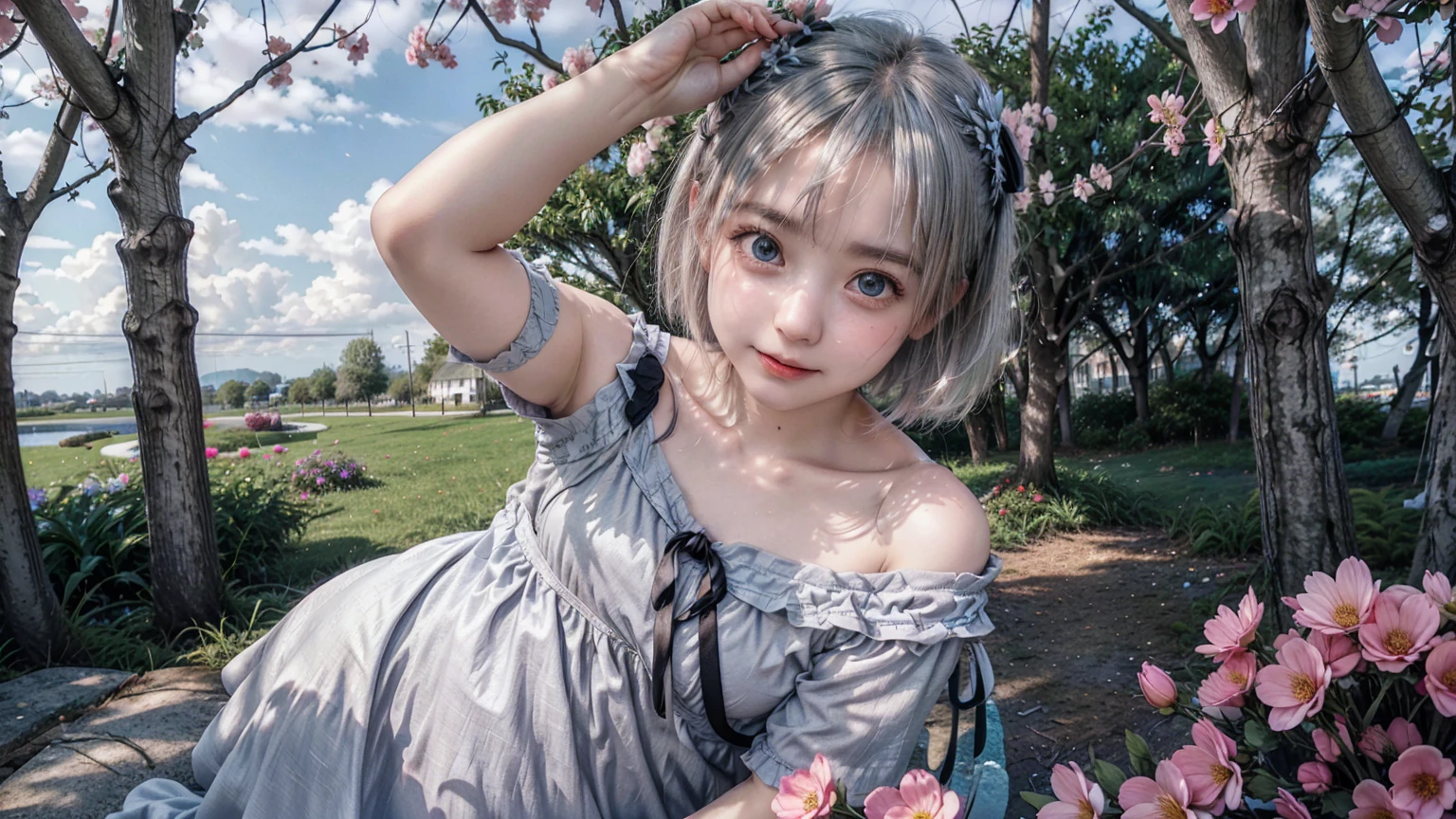 a cute , 5 years old, white hair, contagious smile, with little flowery dress.