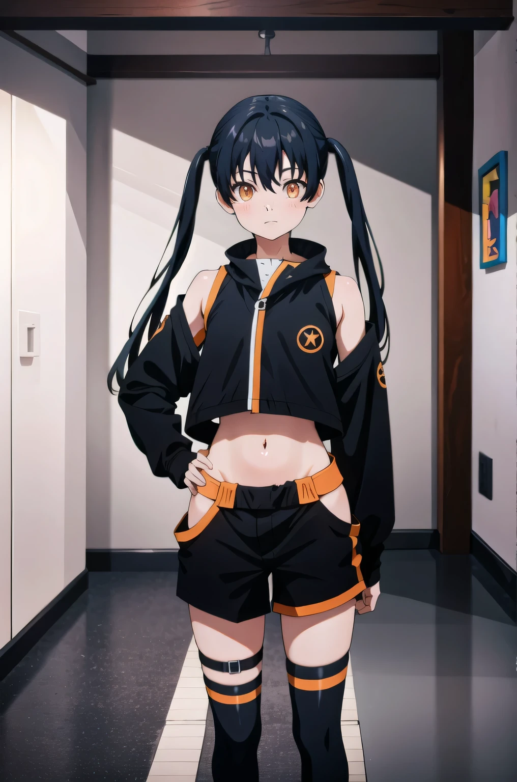 Tamaki Kotatsu Twintails Black Hair Long Hair Bangs Light Pink Orange Eyes Black Hoodie Black Jacket Black Shirt Black Sweater Navel Slight Smile Show Navel (Masterpiece:1.2) High Definition Best Quality 8k Very Clear