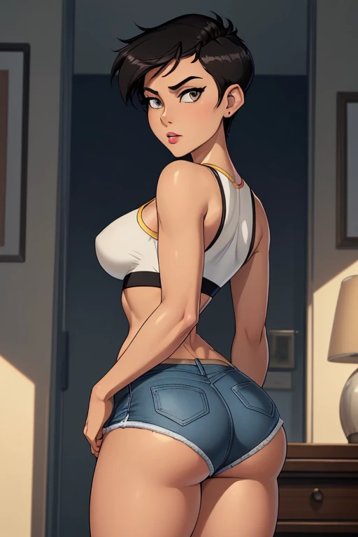 ((ultra quality)), ((masterpiece)), Lois Lane, short stature, ((black short hair tomboy hairstyle)), (Beautiful face), (beautiful female lips), (), charming, ((sexy facial expression)), looks at the camera, eyes slightly open, (light skin color), (light skin), glare on the body, ((detailed beautiful female eyes)), ((grey eyes)), (juicy female lips), (dark makeup, dark eyeliner, dark lipstick), (beautiful female hands), ((ideal female figure)), ideal female body, beautiful waist, gorgeous thighs, beautiful small breasts, ((subtle and beautiful)), sexy worth (), (tight crop top & tight blue jean shorts), athletic butt, back view, background: bedroom, ((depth of field)), ((high quality clear image)), (clear details), ((high detail)), realistically, professional photo session, ((Clear Focus)), anime