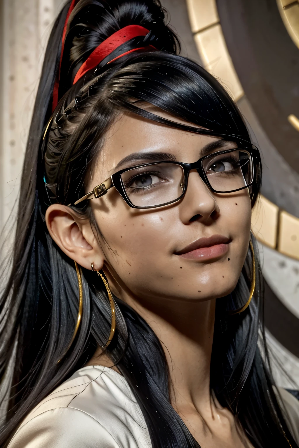 Bayo, bayonetta, 1 girl, alone, mole under mouth, Glasses, black hair, mole, jewelry, compensate, earrings, smile, eye shadow, portrait, long hair, lips, lipstick, gray eyes,whole body