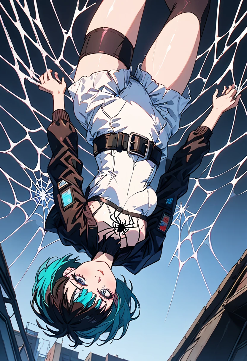 cyberpunk lucy, spider girl, upside down, spider webs, sticky webs, GWENTD, cyberpunk, HajimeRegloss, multicolored hair, short hair, shrug \(clothing\), white leotard, black belt, belt pouch, white mini skirt, white shorts, black thighhigh