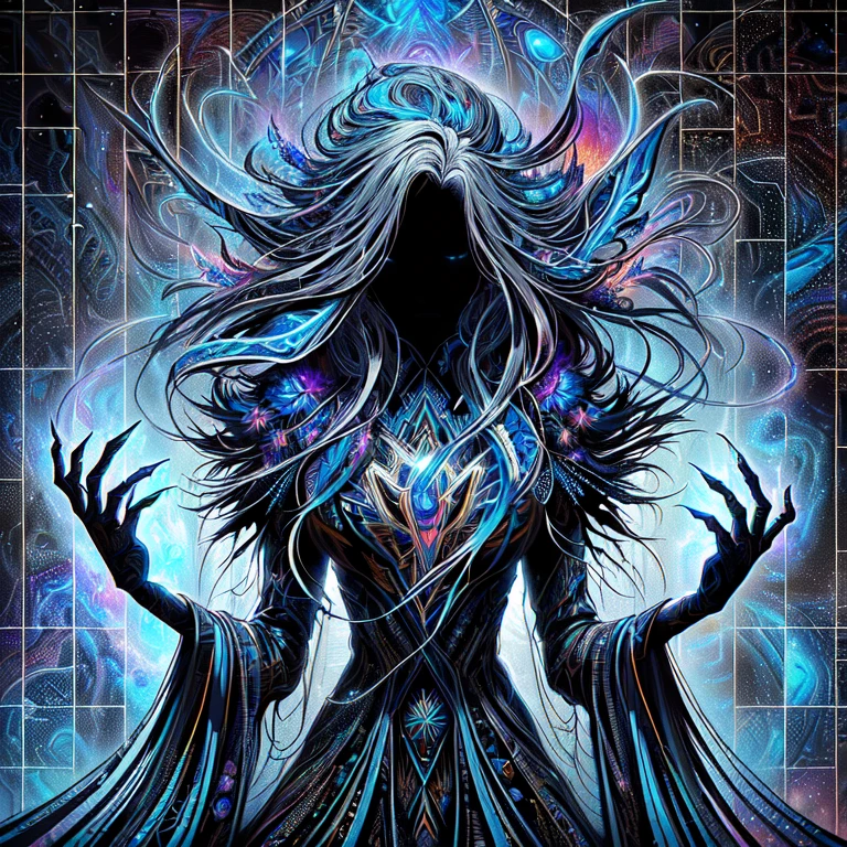 a black and blue poster with a woman in a dark dress, fractal thunder dan mumford, ( ( ( ( ( dan mumford ) ) ) ) ), dan mumford and alex grey style, in the style dan mumford artwork, painting by dan mumford, dan mumford tom bagshaw, anton fadeev and dan mumford, dan mumford paint, by Dan Mumford