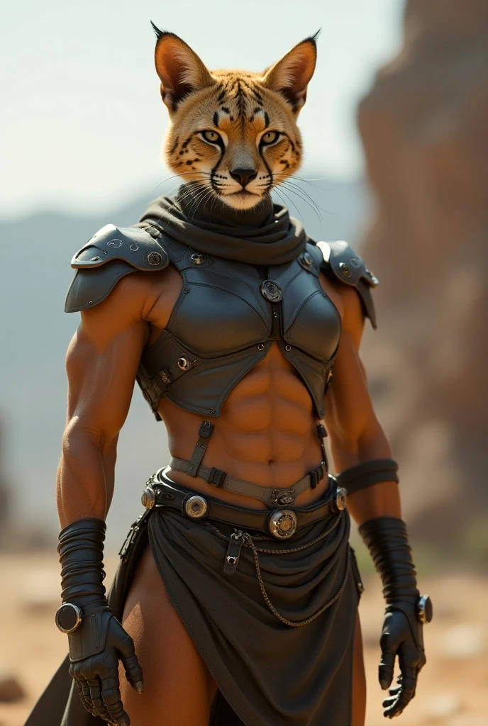 Tabaxi, cheetah body, yellow fur, boy, black hooded closed vest, leather chest, belt knife, Fantasy style, detailed fur, covered in hair, scars on arms, patches in fur, hand wraps, desert, animal, weak looking