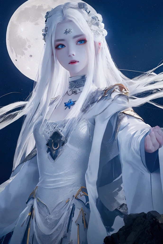 Young woman,White hair,Shining hair,White hanfu dress , standing looking at the moon on the cliff,star light, High Resolution ,  Masterpiece ,  Movie Lighting , Glow,  blue eyes , 