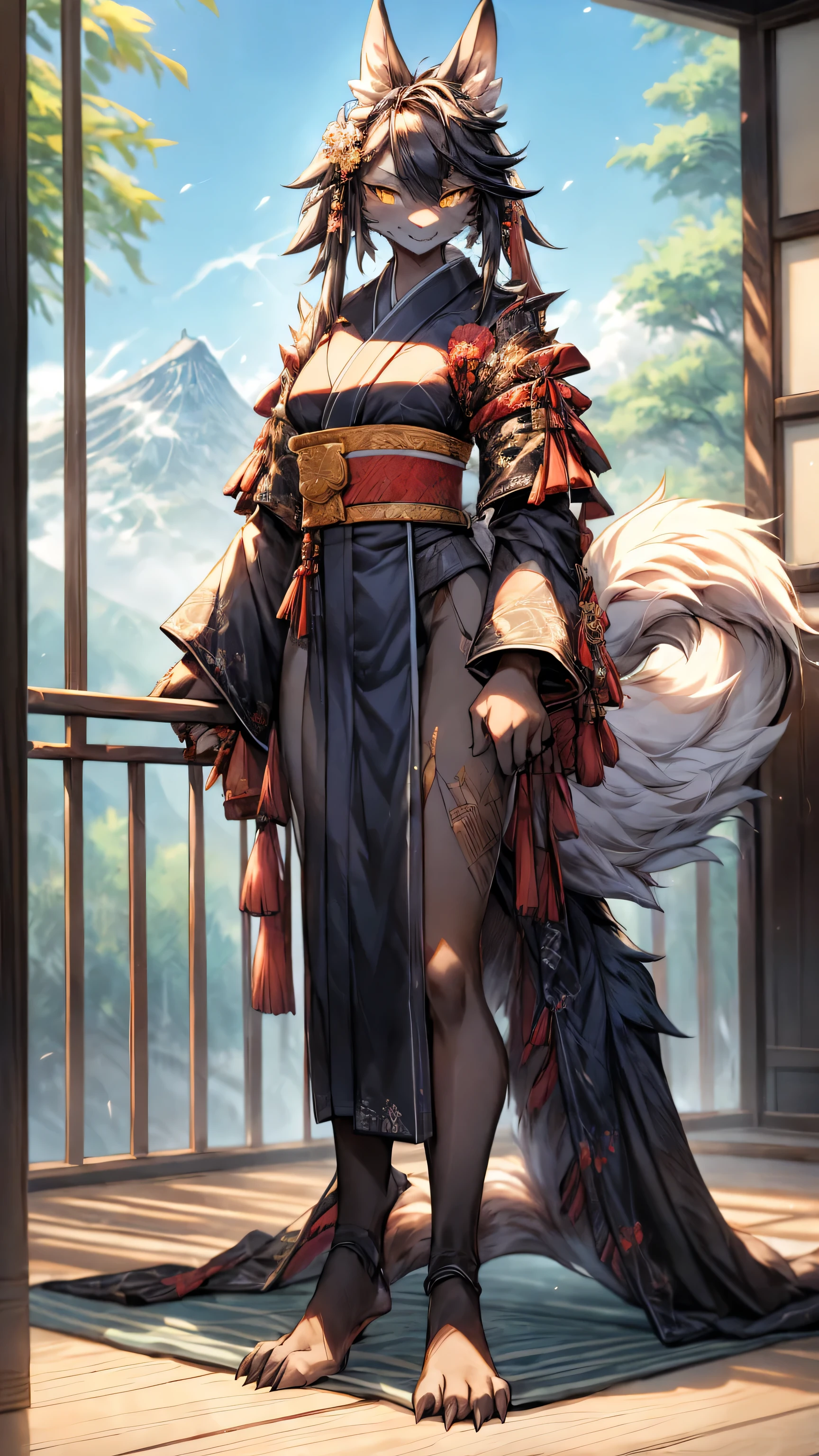 Masterpiece of the highest quality, the best definition to add aesthetic and lighting Details, Dark Wyvern, Black Jackal, age girl, ,black body, landscape of the Japanese sanctuary Mount Fujisan in the background add_Detail, gold body tattoo, sensual eyes, yellow pupil, bright eyes, It has a hairy tail from the base of the coccyx add_Detail, look over his shoulder, samurai full body mother-in-law , fullbody, clawed feet, sword in hand, traditional kimono color blue