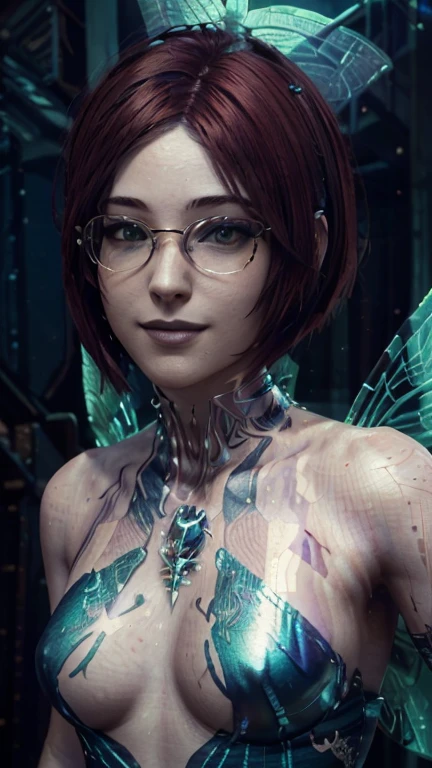 portrait, close-up,  upper body . Short, red hair, green eyes,  metal-framed glasses , green strapless dress, joyful smile, cheerful girl . (masterpiece, top quality,  Best quality ,  official art , beautiful and aesthetically pleasing:1.2),  is extremely detailed,( fractal art :1.2),Colorful,The most detailed, (dynamic pose), (fantasy background :1.5), (Lots of fairies:1.4). ((SPLIT.  skin texture , shiny skin. elegance. photorealism. unreal engine. 3D model.  Ultra high quality textures.  high detail. permission 8k))