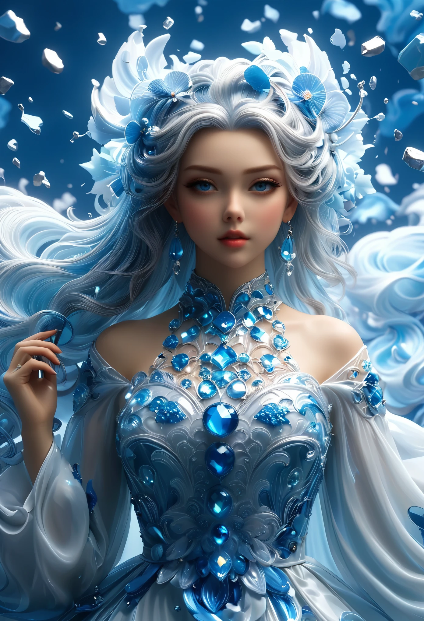Beautiful girl, white long hair, realistic photo, high detailed, Realistic, high resolution, high texture, beautiful beauty, long flowing hair, big eyes, full and high straight, walking, long white legs, pale skin, smile, happy eyes, masterpiece, best quality, (extremely detailed CG unity 8k wallpaper), (masterpiece), (best quality), (polychromatic:1.25), (scenic:1.2), (heterochromatic:1.2), (ultra-detailed), (best illustration), (best shadow), (lightfast), (highly detailed reflection), (an extremely delicate and beautiful), (fantasy), (dynamic angle), (dynamic pose), (1 girl floats in undersea), (white hair), (long wavy hair), (swirling hair), (gradient hair), (white and light blue dress), eyelashes, (highly detailed face:1.3), (light particles:1.3), (highly detailed light:1.3), (light changes to water:1.5), ( lots of water current), red, vermeil, orange, yellow, green, lime, peach, colar, pink, aqua, blue, violet, (gradient colored background), smile, upper body, (detailed blue sky:1.3), (ribbon strawwps), (close up:0.8)