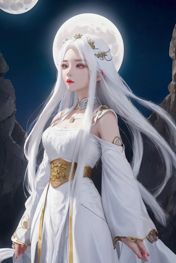 Young woman,White hair,Shining hair,White hanfu dress , standing looking at the moon on the cliff,star light, High Resolution ,  Masterpiece ,  Movie Lighting , Glow, การถ่ายภาพระยะใกล้, 