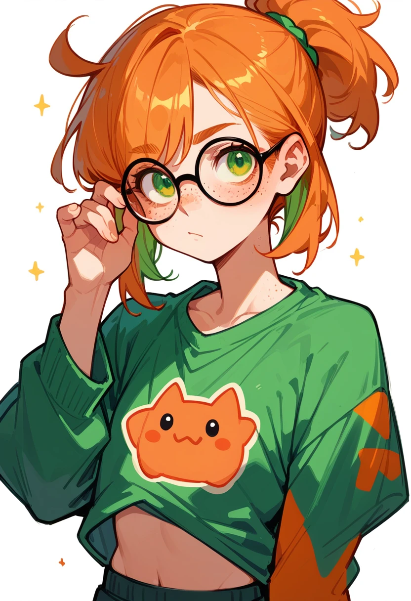Girl, ponytail hair, orange hair, green eyes, cute girl, glasses, smile, green t-shirt, short denim, city 
