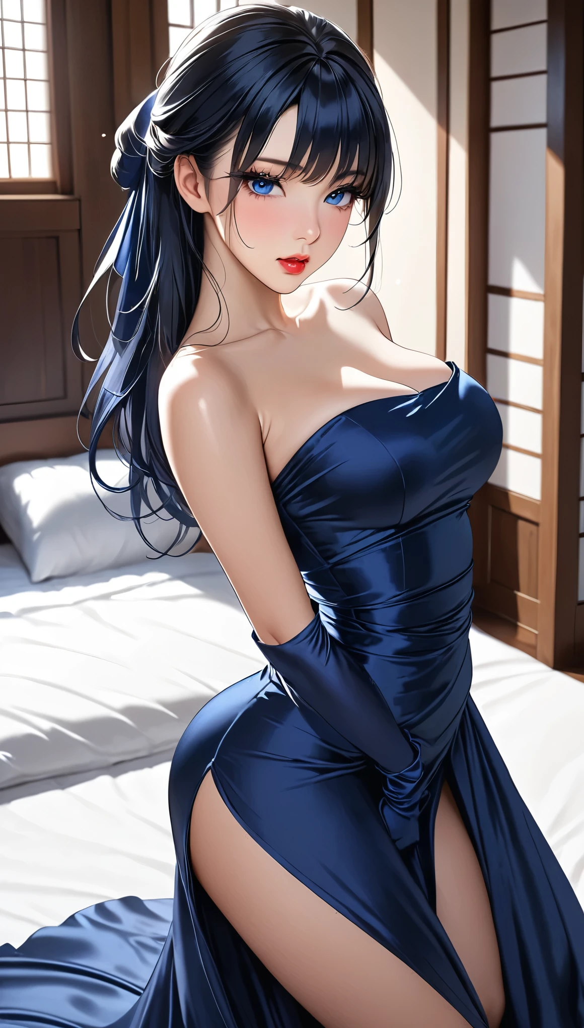 (masterpiece,Best Quality, super high definition),Inside the Western-style building,One Japanese woman,In heat,A seductive and alluring expression,Her beautiful black hair is tied back,bangs,,Pursing his lips,
 (((Very beautiful 20 year old))),Big Breasts、(Navy blue satin long dress with tube top:1.5),(Tight fit),
Bodyline,(Satin Opera Gloves:1.8),Knee-high boots,Satin has a very strong luster,Show your back,(Standing on all fours with the upper body facedown on the bed:1.5),  sticking out your buttocks