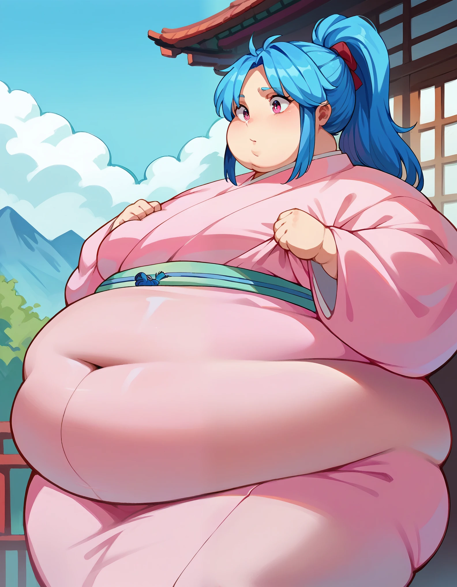 pink eyes, ponytail, blue hair, parted bangs, kimono, pink kimono, long sleeves, fat, chubby, obese 