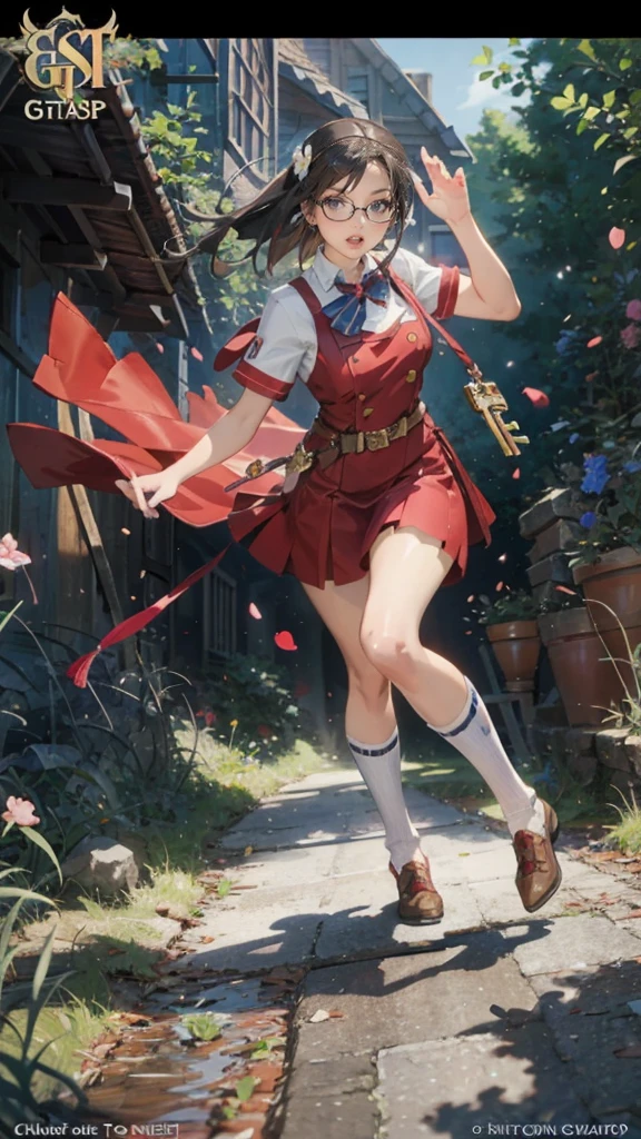 anime - style illustration of a woman in a white school uniform, fantasy RPG video game character, official character art, trending on cgstation, e-girl, cushart krenz key art feminine, full body, female action anime girl, glasses, dynamic pose,