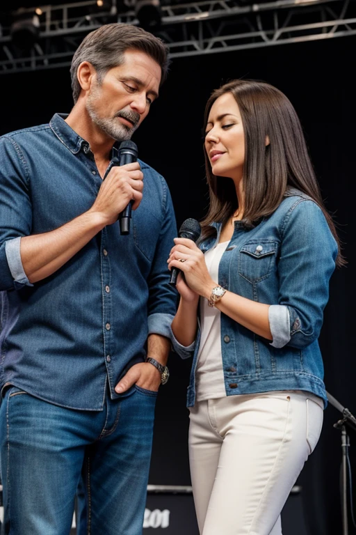 hetero couple 40 years old, brunette hair, wearing a casual clothes, preaching with microphone highly detailed, with a rings detailed, on a stage talking with a adults people hiquality, with a rings, hazel eyes, hyper-realistic, Praying with closed eyes expression, Canon, Nikon, 85mm, HD, 4K, 8k Casual clothes