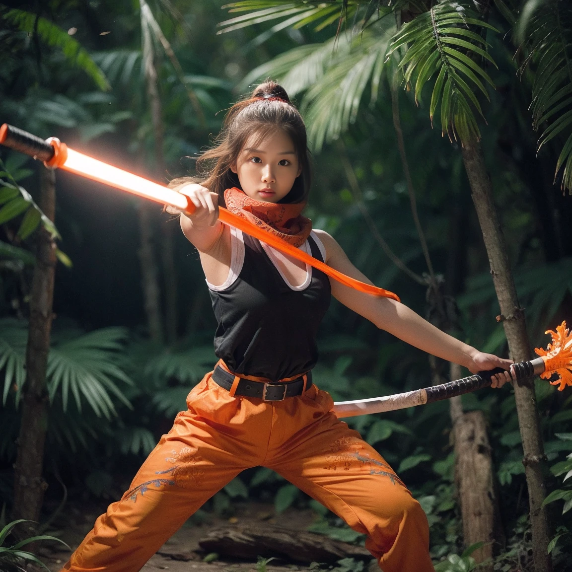 hyper realistic beautiful Indonesian woman, very real, long black and red hair, red scarf, light blue fighter outfit with white vest and ninja pants, red belt, ninja shoes, holding a large Ax with very detailed and intricate carvings lit up in neon orange, acrobatic position dynamic attack. calm tropical forest background, dynamic movement, intense focus, detailed and intricate katana design, bright atmosphere 360 ​​digital camera viewpoint 66k UHD resolution