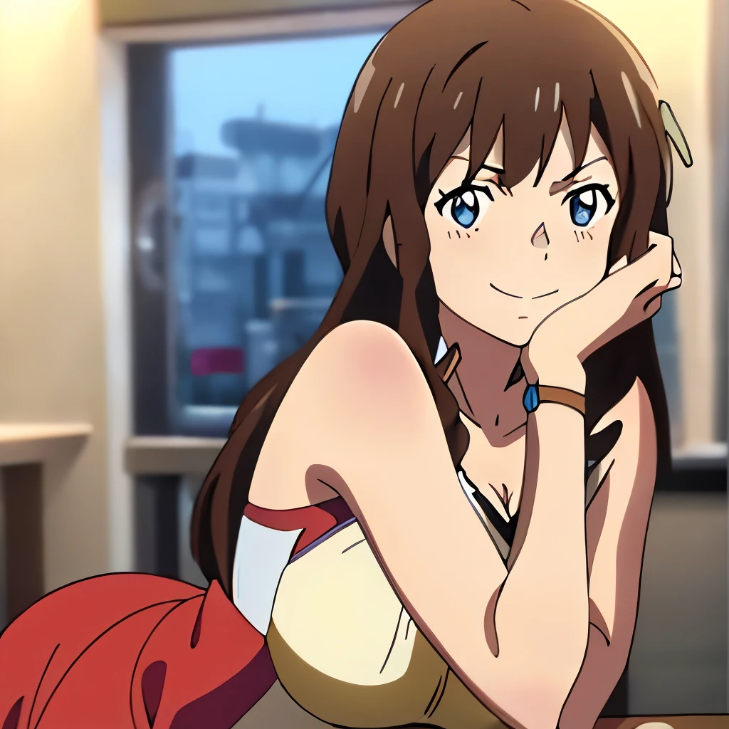 gros seins, cuisses épaisses,  femme mûre , longs cheveux brun foncé, souriant affectueusement, Dans le style de Makoto Shinkai, dans un Wendy's fermé la nuit