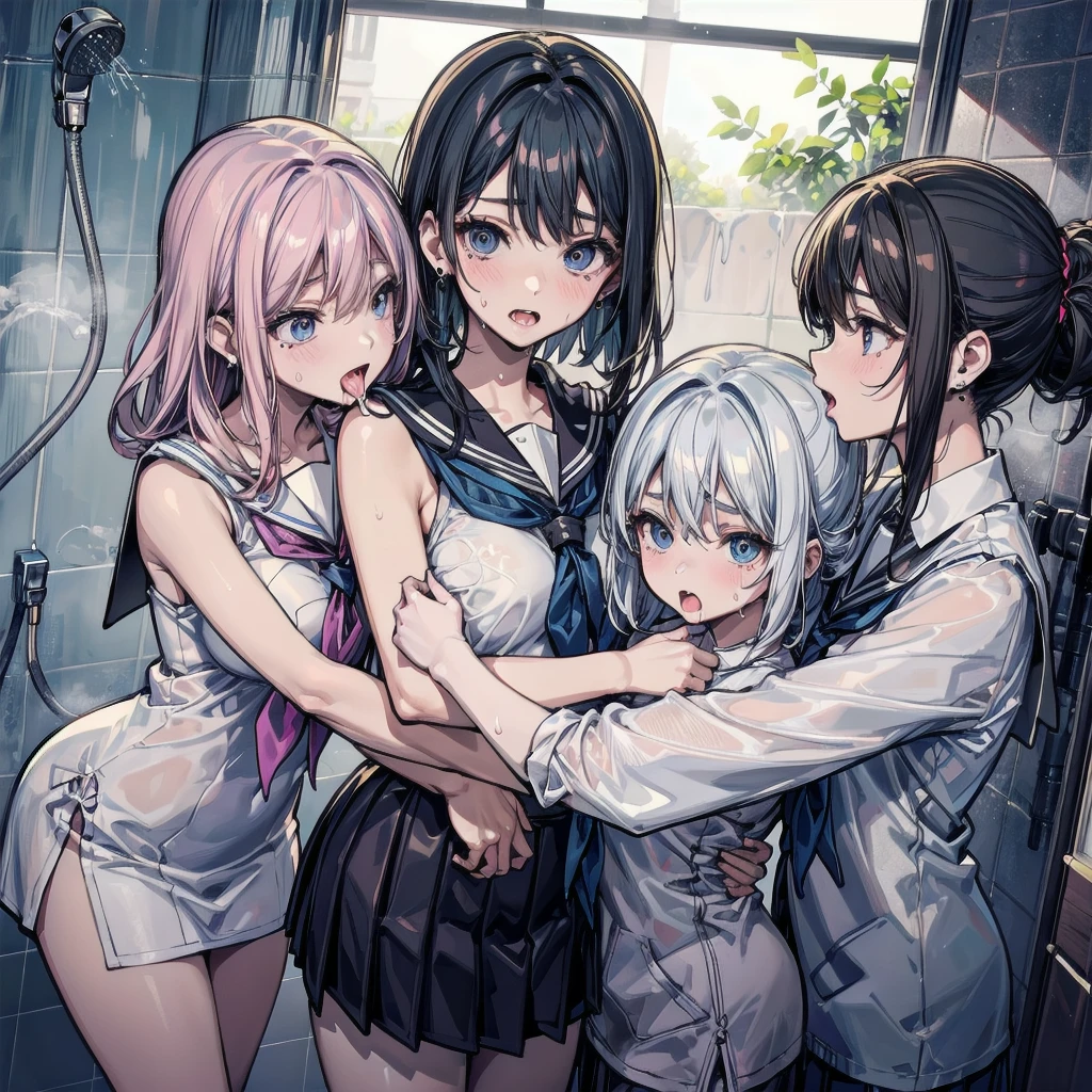 (NSFW, adult content: 1.5), 5 girls, (ahegao, blushing expression, 1.3), students, (fist fuck, explicit sexual act, 1.8),
realistic illustration,

One girl lies on the bed, completely nude, with a blush on her cheeks and a heated look in her eyes. The other four girls stand around her, also naked, each expressing their own ahegao reactions. The scene is filled with raw sexuality as one girl is being fist-fucked from behind, while the others watch, cheering her on. The room is dimly lit, creating an intimate and sensual atmosphere. The girls