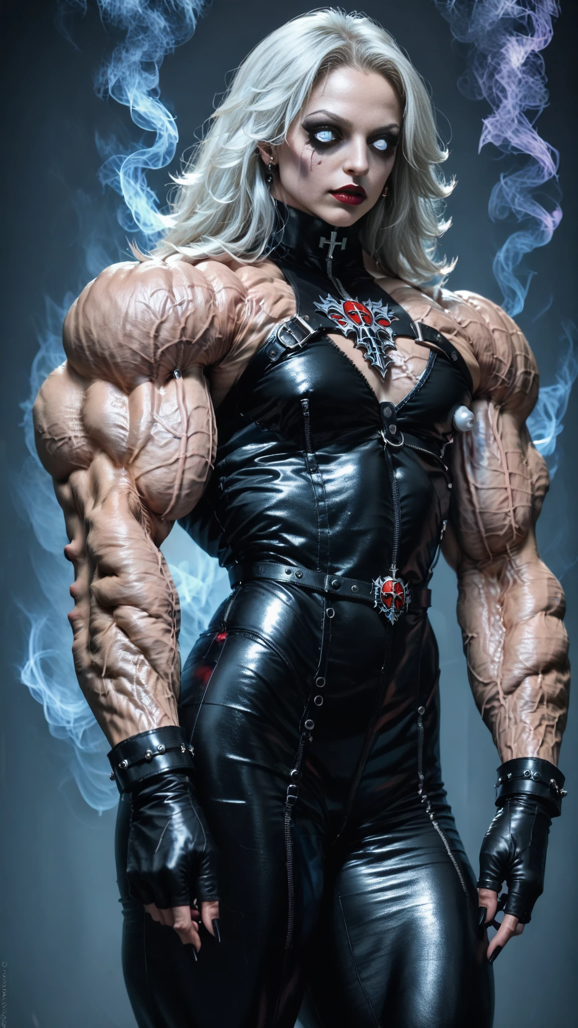 score_9, score_8_up, score_7_up, photo, photorealistic, Gorgeous sexy muscular (skinny) Lady Death, (white eyes, white sclera:1.5), latex body harness, thigh high boots, goth makeup, (masculine muscular physique:1.5), long white hair, (veiny muscles:1.5), flat chest, (Wide chest & shoulders:1.5), (skinny legs:0.6), sinozick style, skindentation, 