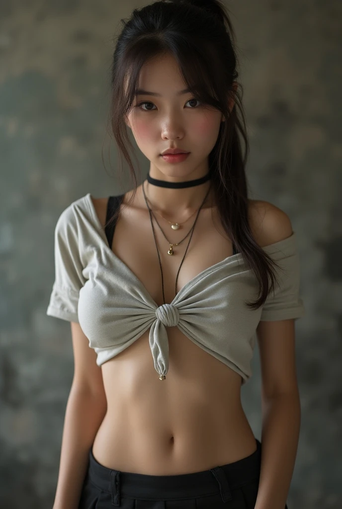 (top-quality), Realistic, (real picture, Intricate details), (Natural Skin Texture, Detailed skin, Hyper-Realism, sharpness), (BDSM:1.3, bondage, shibari:1.5), ((Japanese college girl tied with rope in an abandoned apartment building, hanging from the ceiling with a rope, hands tied behind the head:1.3, rope tying the chest:1.4, rope tying the lower part of the chest, rope tying the upper body)), ((white lace bra, distressed denim pants)), (((Small chest:1.4))), Fair skin, shiny skin, ((straight hair, side parted hairstyle)), (seductive face, Parted lips, blush:1.2, Head tilt), armpit exposed, navel exposed, graffitied wall, dusty room, cracked wall, Messy floor, Pile of rubble:1.3, spot lighting:1.3, Full body shot