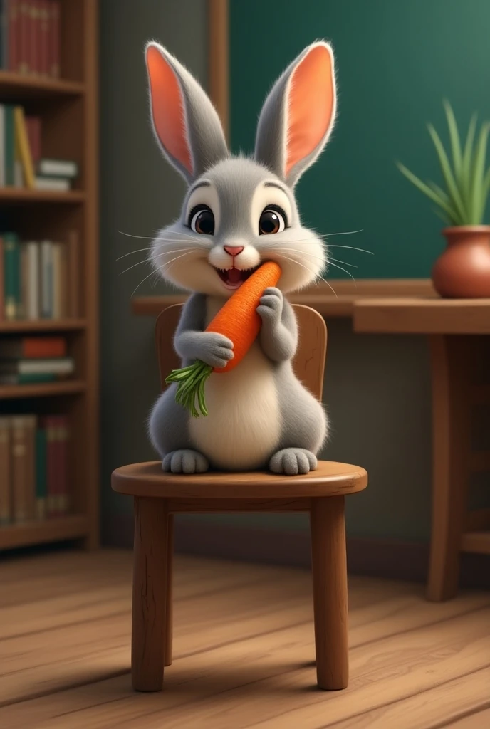 A cartoon character that is "bugs bunny" in a daycare setting, he has a small short body like a bunny does, he's also have big balls that are full cum and he also as a large horse-cock hanging out, precum is giving a beautiful gorgeous glow from being hit by the sunlight, crying face, detailed face, 8k resolution on the face, semi realistic,