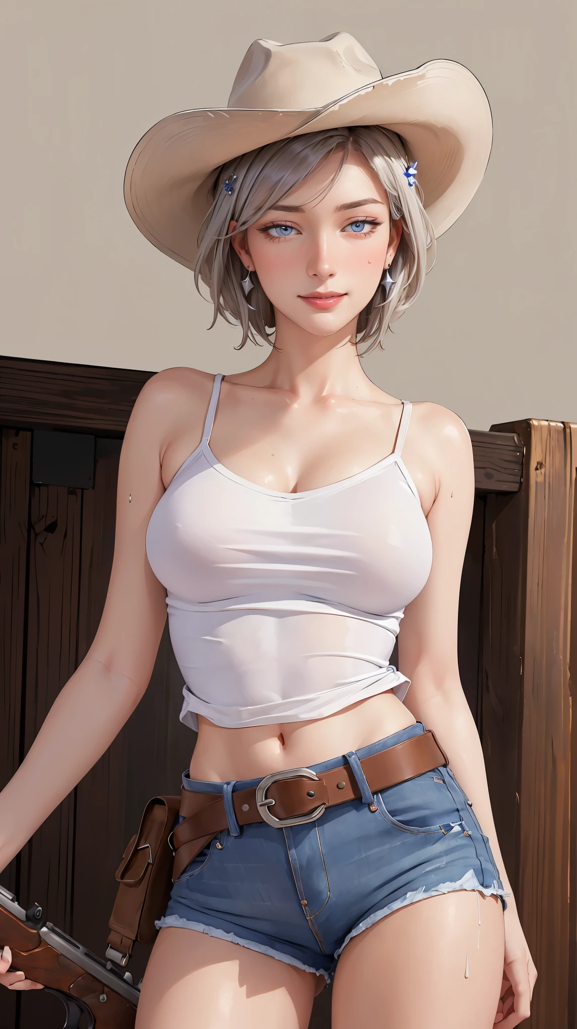 ((((masterpiece, best quality, high resolution)))), Extremely detailed 8K, Beautiful girl with voluptuous body, (Ultra HD, Ultra-detailed, Highly detailed, Highly realistic, Ultra-realistic, photograph realistic), (1girl:1.5), (Realistic white hair), short silky hair, bob cut, (dynamic poses), facing at camera, looking at viewer, (blushing red, smile), (purple eyes, sharp eyes), (perky breasts:1.2), (beautiful detailed face, beautiful detailed eyes), ((white lace bralette, jeans shorts)), (standing up), (hand on hips:1.3), sweat, glow, (sunbeam, sunlight), ((cowboy shot)), bedroom
