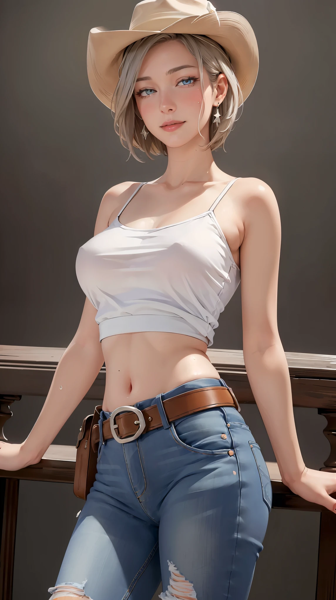 Masterpiece, wide smile, boyish girl with short (white hair), punk hair style, half shaved hair style, (horny face expression), has wolf ears, ((had wolf tail)), wearing denim shorts and a cropped black hoodie, thick thighs, wide hips, wearing thigh high socks, solo, alone, no wolves, showing belly, has glowing blue eyes, flat chest,Comics, fantasia, sfw, onis, dancing, action pose, sensual moving, moving body, undressed, topless, undress