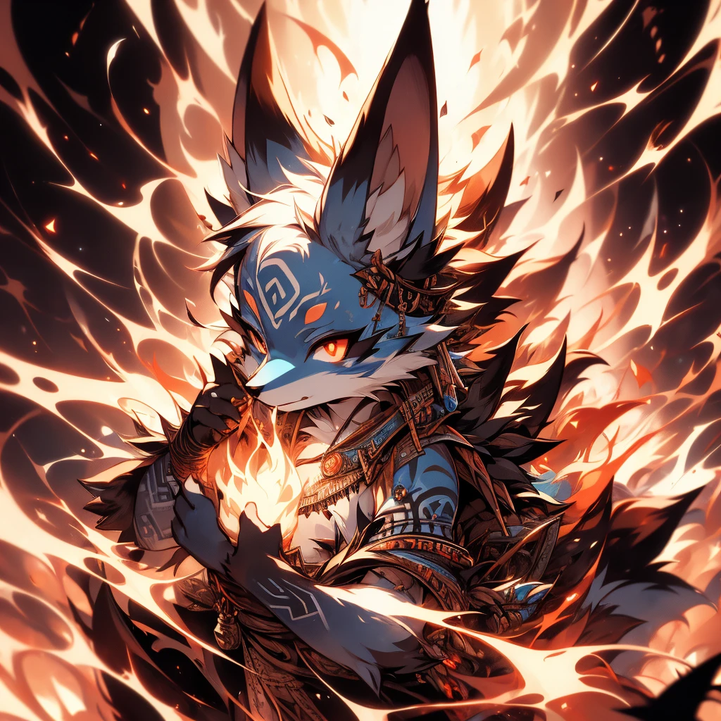 Kitsune 9 colas,  add high definition_Detail:1, blue fur,kitsune ears,  tribal tattoo add_Detail:1, in hell add_Detail, bats add  _Detail yokai