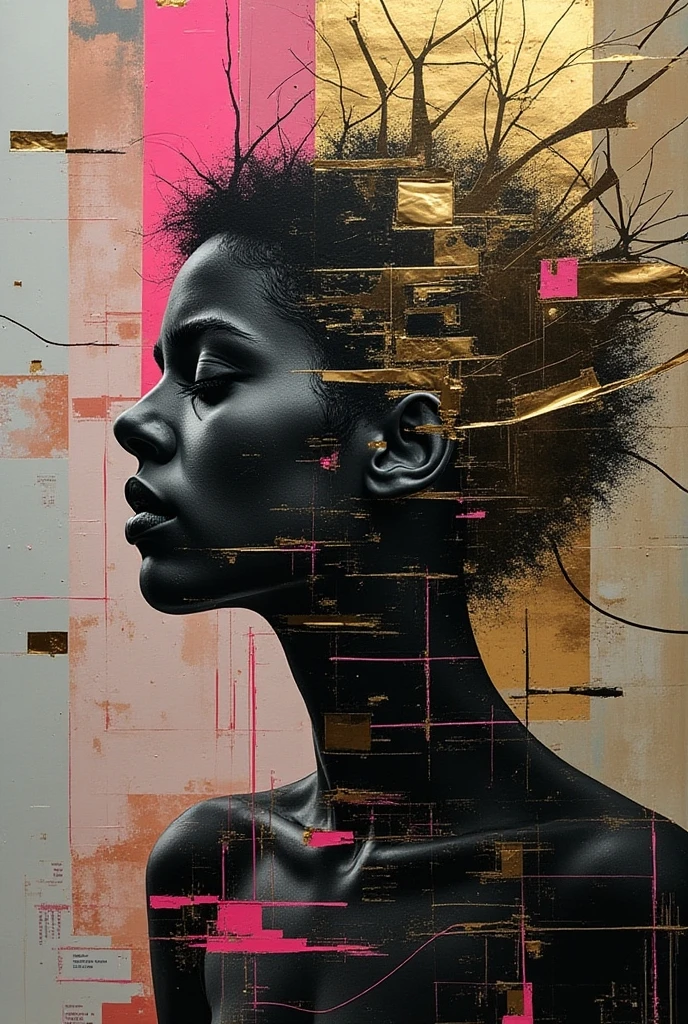 Expressionist artwork images of multiple floating ceramic heads, 3d collage style, make it weird and gallery worthy, ((black woman)), portrait, absurdres,highres,ultra detailed,ultra-detailed background,detailed background,extremly detailed,1girl,bunch of flowers,(zentangle:1.2),(geometric:1.2) multi-colored color palette, monochromatic, big , cleavage, sideboob, lingerie, realistic depiction, arms behind back, kaleidoscopic, multidimensional, ethereal glow, captivating uniqueness, surreal juxtapositions, visual symphony, unforgettable visual narrative, edgy, mathematical, simple-shaped vectors, highly modern, stylistic, polygonal abstraction, vector art, bold lines, minimalist color scheme, digital art, abstract geometry