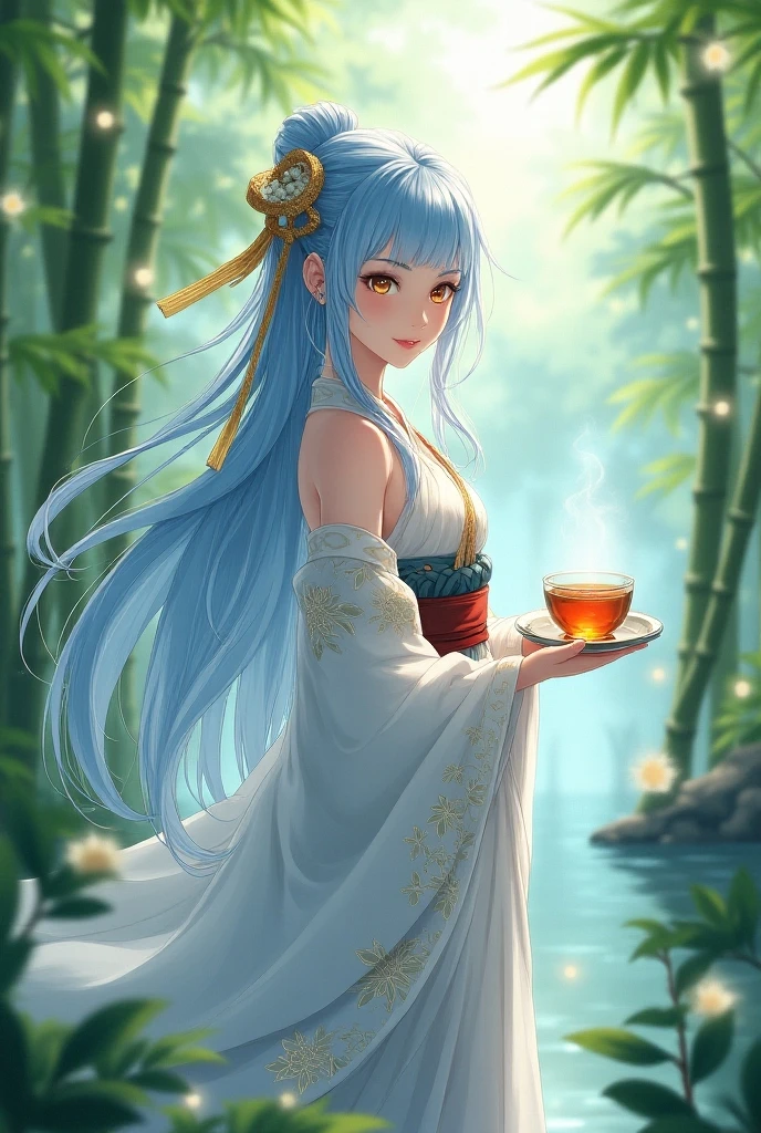 (Chinese beauty) A soft drink made of coconut juice, ice cubes, and coconut juice. Milky white turns white. Very cool. There are colored straws and ice cubes, placed on green leaves, outdoors, a clear blue sky, beautiful clouds