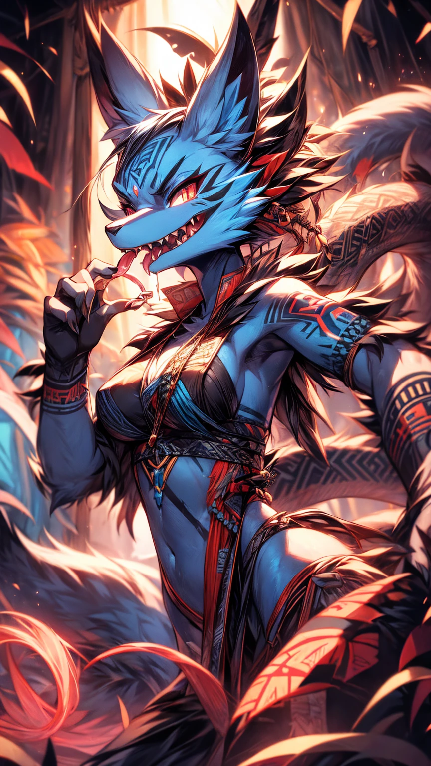  Girl bat fruit adds high definition_Detail:1, blue fur, tribal tattoo add_Detail Ferocious fangs, sharp teeth, Demon yokai kitsune,  long snake tongue add _Detail:1