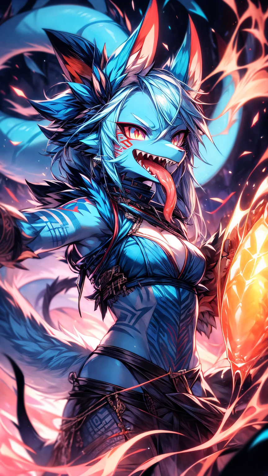  Girl bat fruit adds high definition_Detail:1, blue fur, tribal tattoo add_Detail Ferocious fangs, sharp teeth, Demon yokai kitsune,  long snake tongue add _Detail:1