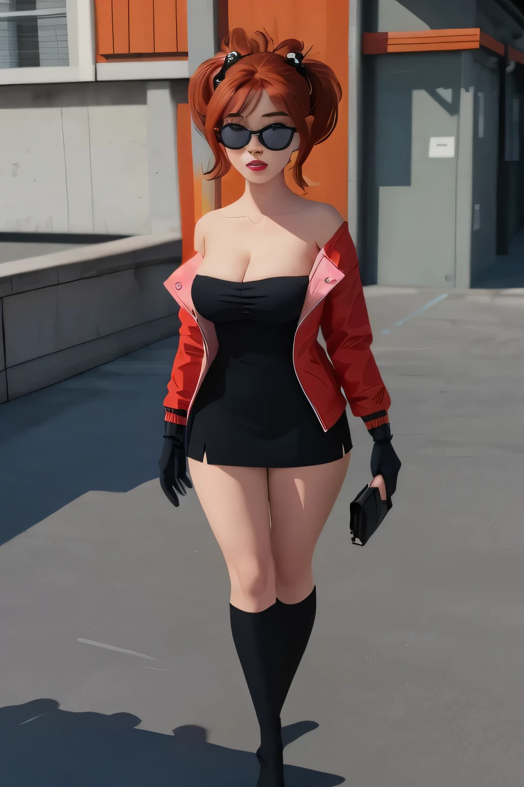 ((masterpiece, best quality)), (8k, best quality), (((best quality))), 1girl, solo, anime style, highly detailed and realistic, good anatomy, photorealistic rendering, a young woman with red pigtails and blue eyes, wearing an unbuttoned red jacket over a black dress, black gloves, and black thigh-high socks. Sunglasses rest on her head. Subtle movement in her hair and jacket, as if a gentle breeze passes by. She stands confidently on a concrete surface with soft shadows, creating a realistic urban setting. The background is simple and indoors with neutral colors. Emphasis on her stylish and modern look, capturing her confident posture, natural proportions, and intricate attire and accessories. Ultra high resolution, perfect anatomy, contemporary style, award-winning illustration, dramatic lighting, hyper-detailed clothing folds, vibrant colors, subtle shadows, score_9, score_8_up, score_7_up, score_6_up, score_5_up, score_4_up, (anime_source), A highly detailed and realistic 3D model of a young woman standing confidently in front of an orange wall. She has red hair styled in pigtails and blue eyes. She is wearing an unbuttoned red jacket over a black dress, black gloves, and black thigh-high socks. She has a pair of sunglasses resting on her head. The model should include subtle movement in her hair and the fabric of her jacket, as if a gentle breeze were passing by. The scene is set on a concrete surface with shadows cast on the ground, providing a realistic urban setting. The background should be simple and indoors with neutral colors. The model should be photorealistic and highly detailed, showing the character's stylish and modern look. Make sure the model captures her confident posture and natural proportions, with special attention to detailed attire and accessories, breasts supported by clothing, cleavage, collarbone, huge breasts, strapless,