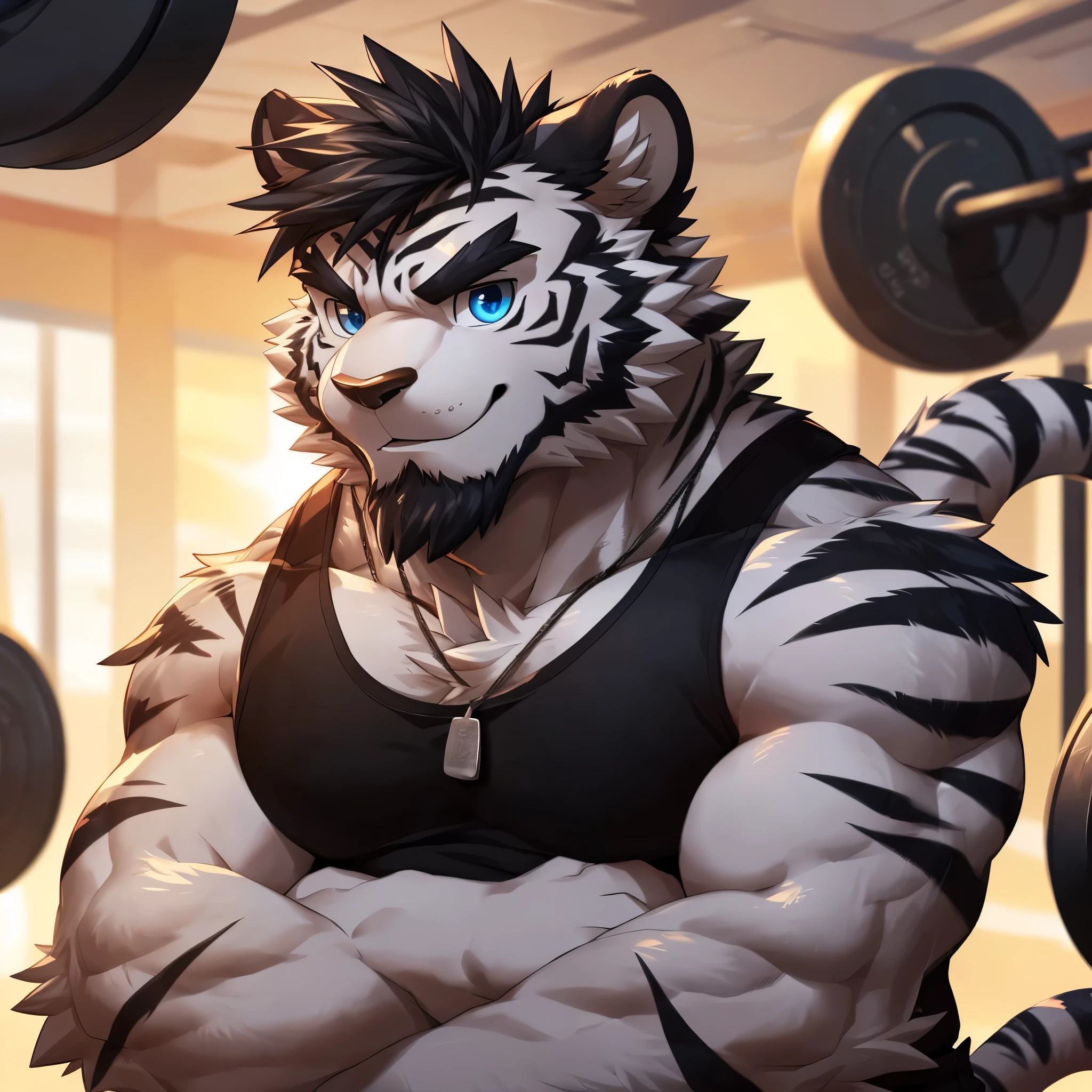 bynamic angle,depth of field, motion blur, absurdres,looking at viewer, (best quality), (masterpiece), (ultra detailed),(detailed eyes),sharp focus,japanese anime,manga,anthro male white tiger,(muscular),big fellow,huge body,((shirtless)), ((black gym shorts)), ((wrisbamds and gloves with no fingers)), sky blue eyes, black nose,handsome,gym,(working out),by null-ghost,by traver009,by lindong,by pino daeni