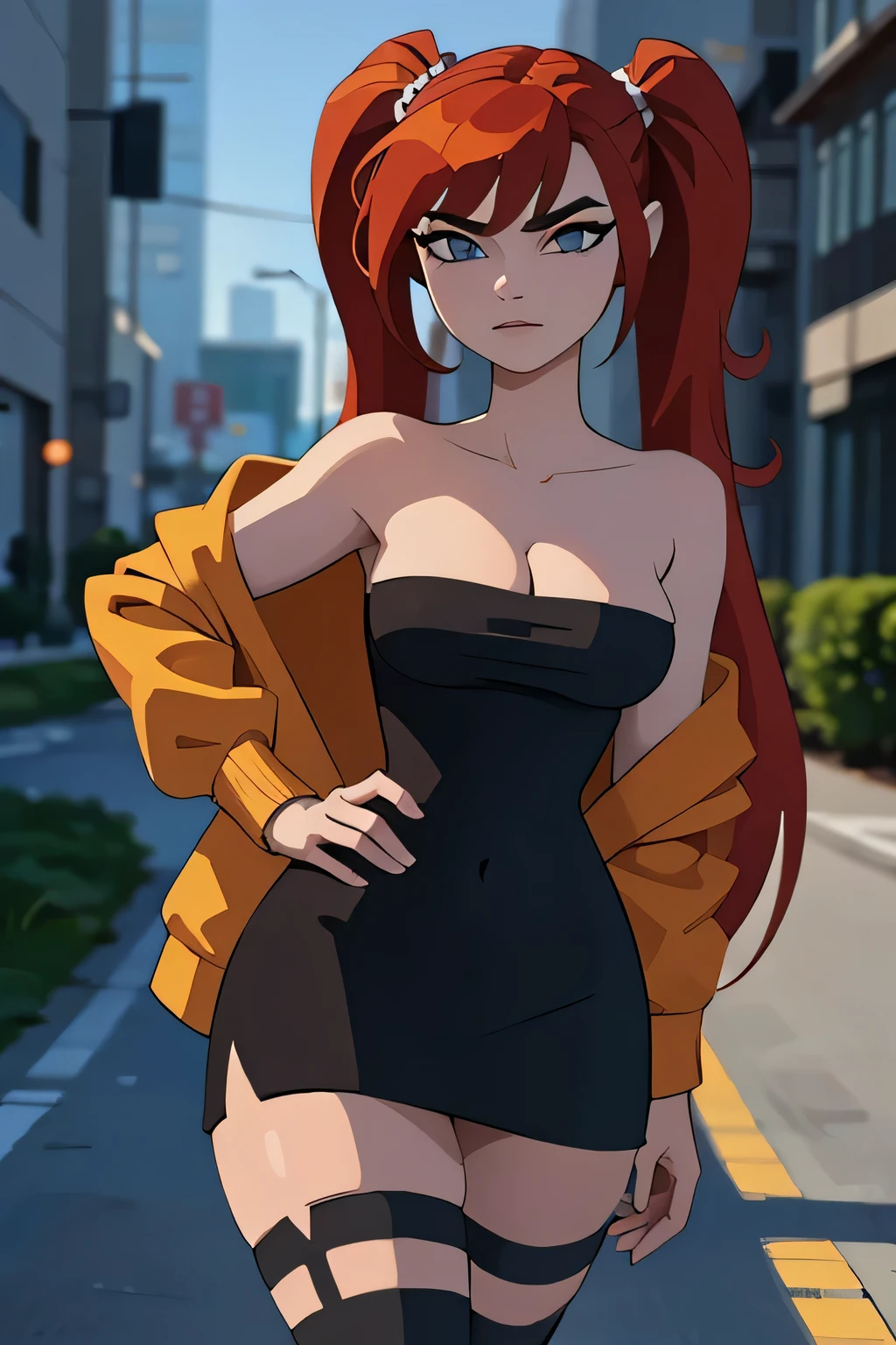 ((masterpiece, best quality)), (8k, best quality), (((best quality))), 1girl, solo, anime style, highly detailed and realistic, good anatomy, photorealistic rendering, a young woman with red pigtails and blue eyes, wearing an unbuttoned red jacket over a black dress, black gloves, and black thigh-high socks. Sunglasses rest on her head. Subtle movement in her hair and jacket, as if a gentle breeze passes by. She stands confidently on a concrete surface with soft shadows, creating a realistic urban setting. The background is simple and indoors with neutral colors. Emphasis on her stylish and modern look, capturing her confident posture, natural proportions, and intricate attire and accessories. Ultra high resolution, perfect anatomy, contemporary style, award-winning illustration, dramatic lighting, hyper-detailed clothing folds, vibrant colors, subtle shadows, score_9, score_8_up, score_7_up, score_6_up, score_5_up, score_4_up, (anime_source), A highly detailed and realistic 3D model of a young woman standing confidently in front of an orange wall. She has red hair styled in pigtails and blue eyes. She is wearing an unbuttoned red jacket over a black dress, black gloves, and black thigh-high socks. She has a pair of sunglasses resting on her head. The model should include subtle movement in her hair and the fabric of her jacket, as if a gentle breeze were passing by. The scene is set on a concrete surface with shadows cast on the ground, providing a realistic urban setting. The background should be simple and indoors with neutral colors. The model should be photorealistic and highly detailed, showing the character's stylish and modern look. Make sure the model captures her confident posture and natural proportions, with special attention to detailed attire and accessories, breasts supported by clothing, cleavage, collarbone, medium huge breasts, strapless,