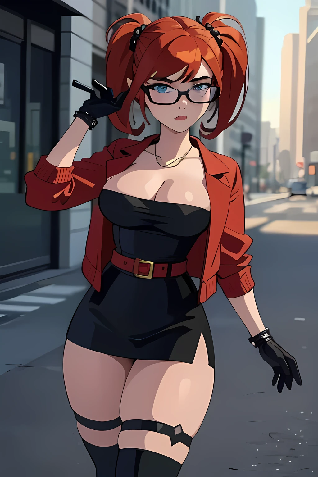 ((masterpiece, best quality)), (8k, best quality), (((best quality))), 1girl, solo, anime style, highly detailed and realistic, good anatomy, photorealistic rendering, a young woman with red pigtails and blue eyes, wearing an unbuttoned red jacket over a black dress, black gloves, and black thigh-high socks. Sunglasses rest on her head. Subtle movement in her hair and jacket, as if a gentle breeze passes by. She stands confidently on a concrete surface with soft shadows, creating a realistic urban setting. The background is simple and indoors with neutral colors. Emphasis on her stylish and modern look, capturing her confident posture, natural proportions, and intricate attire and accessories. Ultra high resolution, perfect anatomy, contemporary style, award-winning illustration, dramatic lighting, hyper-detailed clothing folds, vibrant colors, subtle shadows, score_9, score_8_up, score_7_up, score_6_up, score_5_up, score_4_up, (anime_source), A highly detailed and realistic 3D model of a young woman standing confidently in front of an orange wall. She has red hair styled in pigtails and blue eyes. She is wearing an unbuttoned red jacket over a black dress, black gloves, and black thigh-high socks. She has a pair of sunglasses resting on her head. The model should include subtle movement in her hair and the fabric of her jacket, as if a gentle breeze were passing by. The scene is set on a concrete surface with shadows cast on the ground, providing a realistic urban setting. The background should be simple and indoors with neutral colors. The model should be photorealistic and highly detailed, showing the character's stylish and modern look. Make sure the model captures her confident posture and natural proportions, with special attention to detailed attire and accessories, breasts supported by clothing, cleavage, collarbone, huge breasts, strapless,