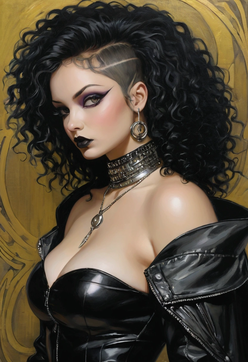 (1 lady, alone, curvy upper body, large) very beautiful, very sexy, close-up, experiments with appearance: long curly hair, dramatic makeup, unconventional fashion choice behavior: punk, non-conformity, location of provocation: demon eyes, urban art district、 (art inspired by Bill Sienkiewicz, intricate details, oil painting).