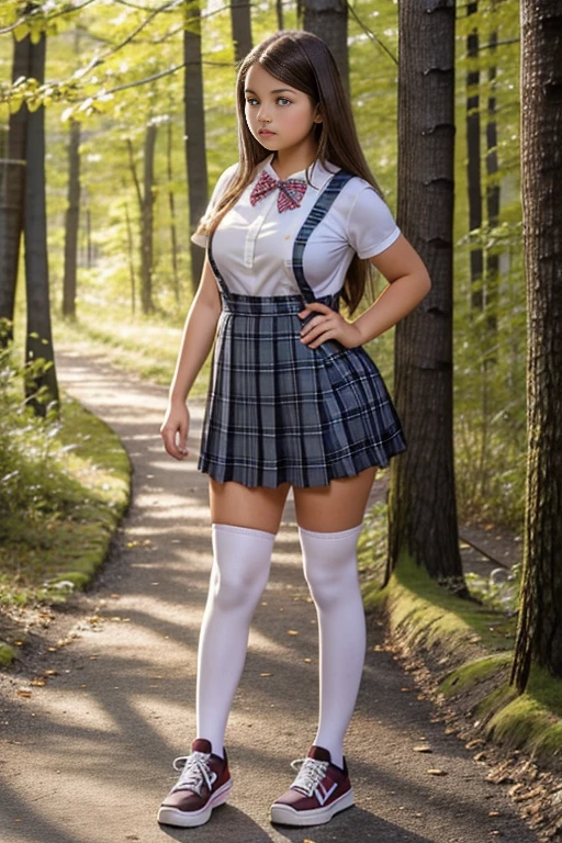 ((in the dim place, in the deep forest, near the river, mountains, dark hour of down)), (((round face))), (blush, open mouth), (eccentric pose, showing off her light pubic hair and genitals, large areolas, swollen nipples, glossy lips), stylish eye glasses, (young woman, ribbon, thick braid, pleated skirt, summer shirt, school bag),