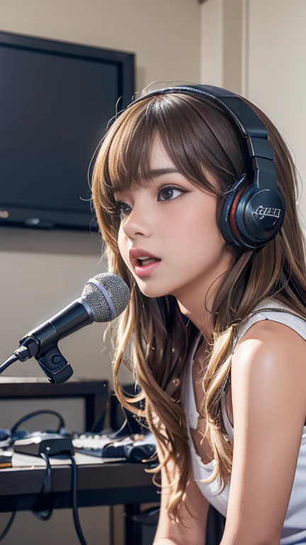 Vocalist Selection、A girl wearing headphones and singing loudly into a studio microphone in a studio、「Time for the Showdown」Image of、High-definition real photo、Real photo 16K quality、A detailed and careful depiction of the girl`s sweat