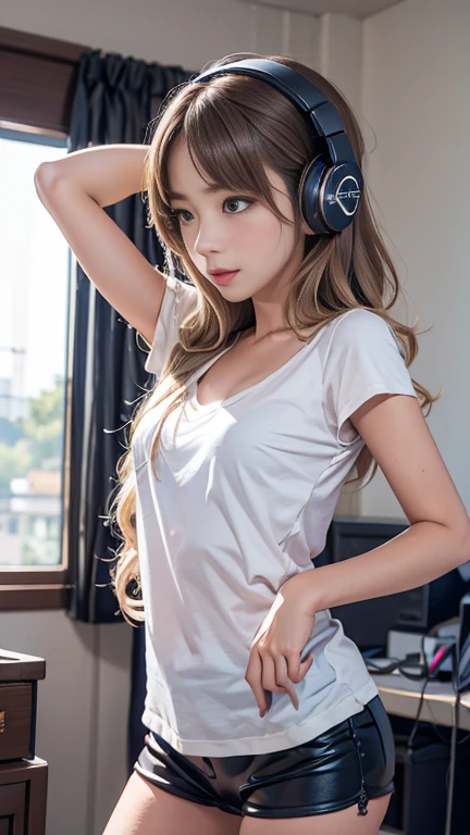 Vocalist Selection、A girl wearing headphones and singing loudly into a studio microphone in a studio、「Time for the Showdown」Image of、High-definition real photo、Real photo 16K quality、A detailed and careful depiction of the girl`s sweat