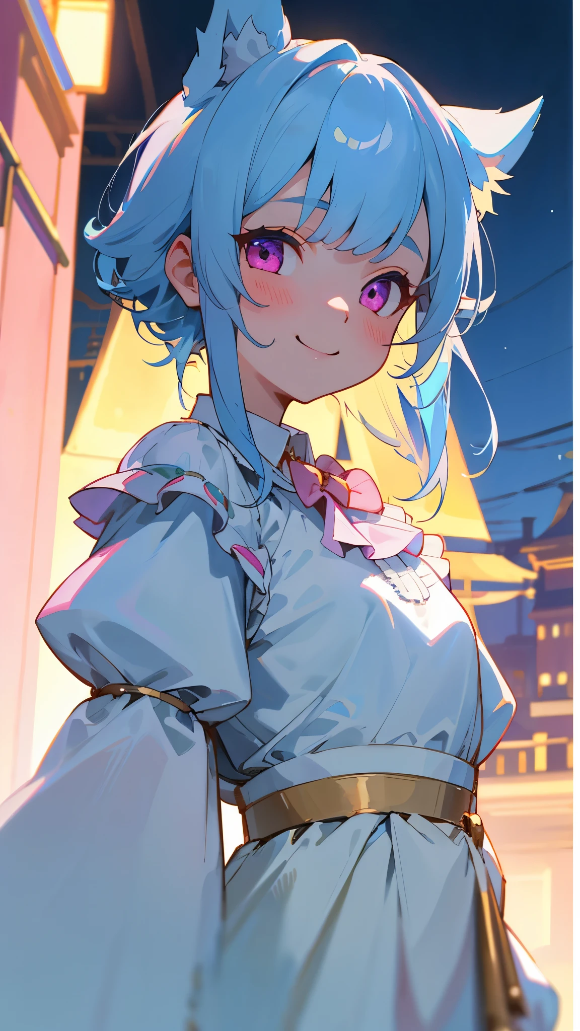 1 Girl、（Long sleeve blouse）、Frilled blouse、 formal style、Small breasts、Light blue hair、Dog ears、Pink Eyes、From the side、Lots of acorns、smile、 upper body close-up 、Under the streetlight、Night view seen in the distance 