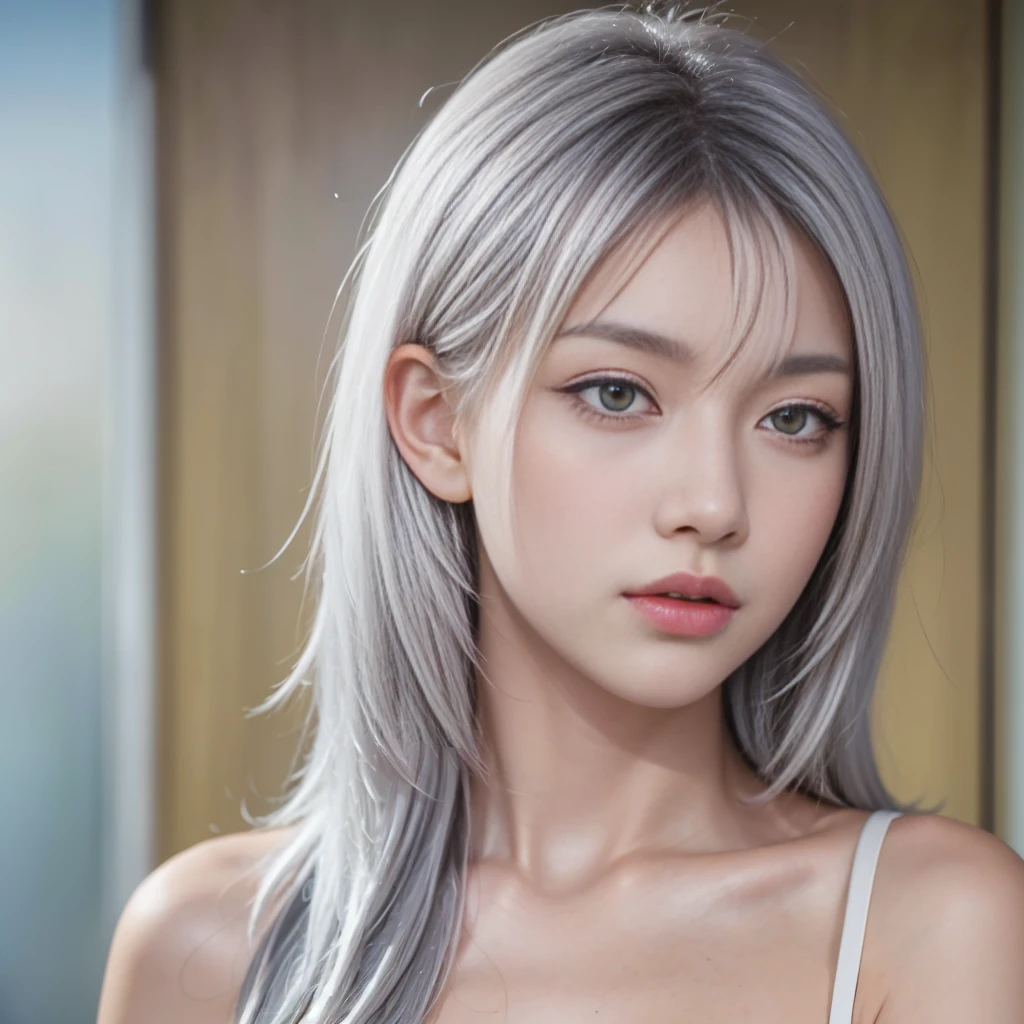 1girl, Beautiful face, (photo realistic:1.4), (high detailed skin:1.3), 8k uhd, dslr, high quality, high resolution, 4k, 8k, absurdres, best ratio four finger and one thumb, (realistic:1.4), little lips, ((Best quality, 8k, 32k, Masterpiece :1.3)), A pretty woman with perfect figure :1.4, Slender abs :1.3, ((ash-grey hair, Big breasts :1.2)), Highly detailed face and skin texture, Detailed eyes, Double eyelid