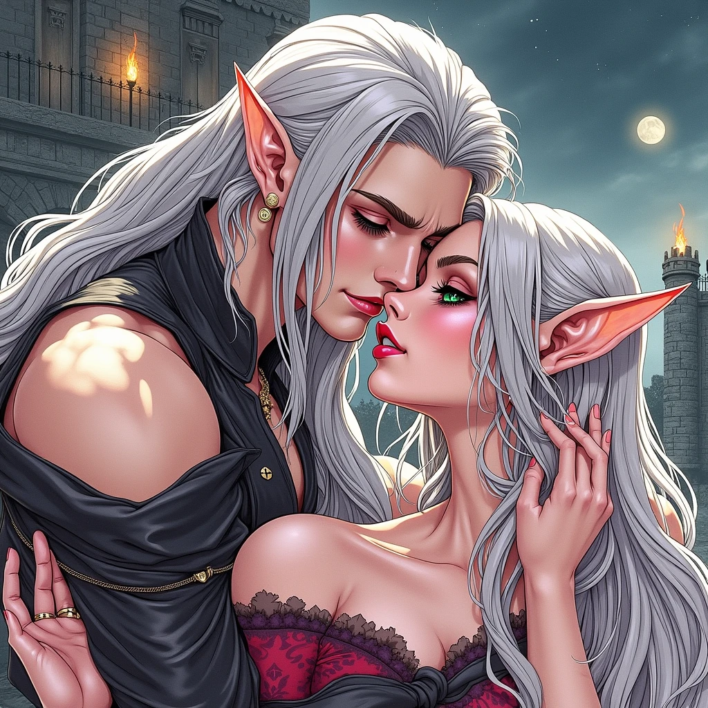 Woman, long wavy hair, pink hair, blue eyes, elf, Big breasts,Kissing the man, ((man, green hair, wavy hair, green eyes,Short hair))