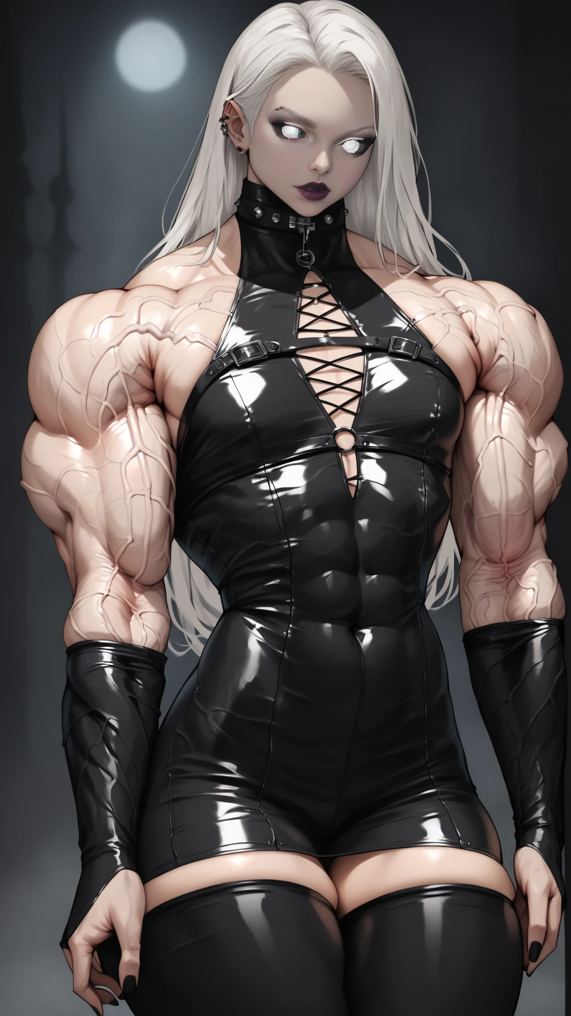 (1 girl), (cara delevingne), young girl, masculine physique, seductive face, seductive look, long pink hair, perfect muscular body, super skinny legs, black latex bodysuit, (huge muscular arms:1.25),