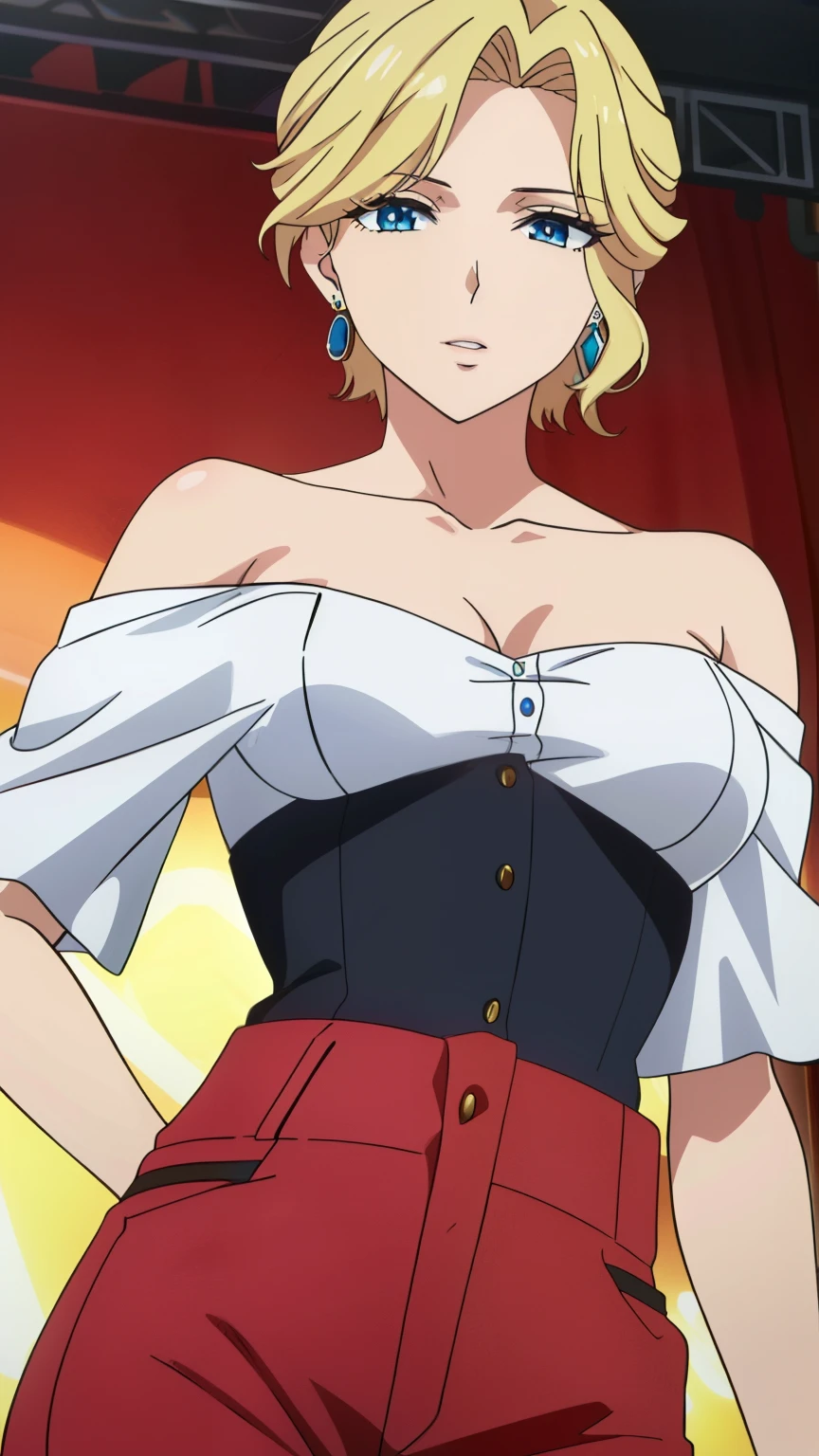 (masterpiece, best quality, high resolution, 8k:1.2), (Anime coloring:1.2), very detailed, beautiful eyes, perfect eyes, detailed eyes, feature large highlight, detailed face, ultra-detailed, detailed eyes, symmetrical eyes, (mature face:1.2), 1 girl, alone, (slim:1.1), (medium breasts),(blond hair, short hair), (makeup, earrings, off-shoulder shirt, slim fit pants, idol stage),looking at the viewer,in the center of the image, (beautiful_chest:1.1), (beautiful_face:1.2), (beautiful_ waist:1.2), (cowboy shot), dutch angle,