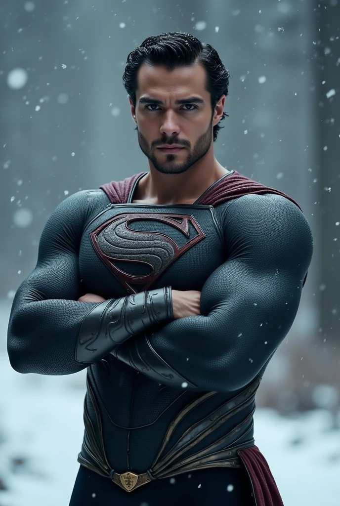 full body shot of a muscular attractive Nicholas Alexander Chavez with, short beard, wearing a shirtless, tattered and torn Superman suit, The character is represented in a crossed arms posture. His expression is serious and reflects a sense of confident and determination. The background is blurred, suggesting a cold, possibly snowy environment, with snowflakes gently falling around the character, adding a somber and intense atmosphere to the image. The color scheme is dominated by dark tones, with the armor in black and silver hues