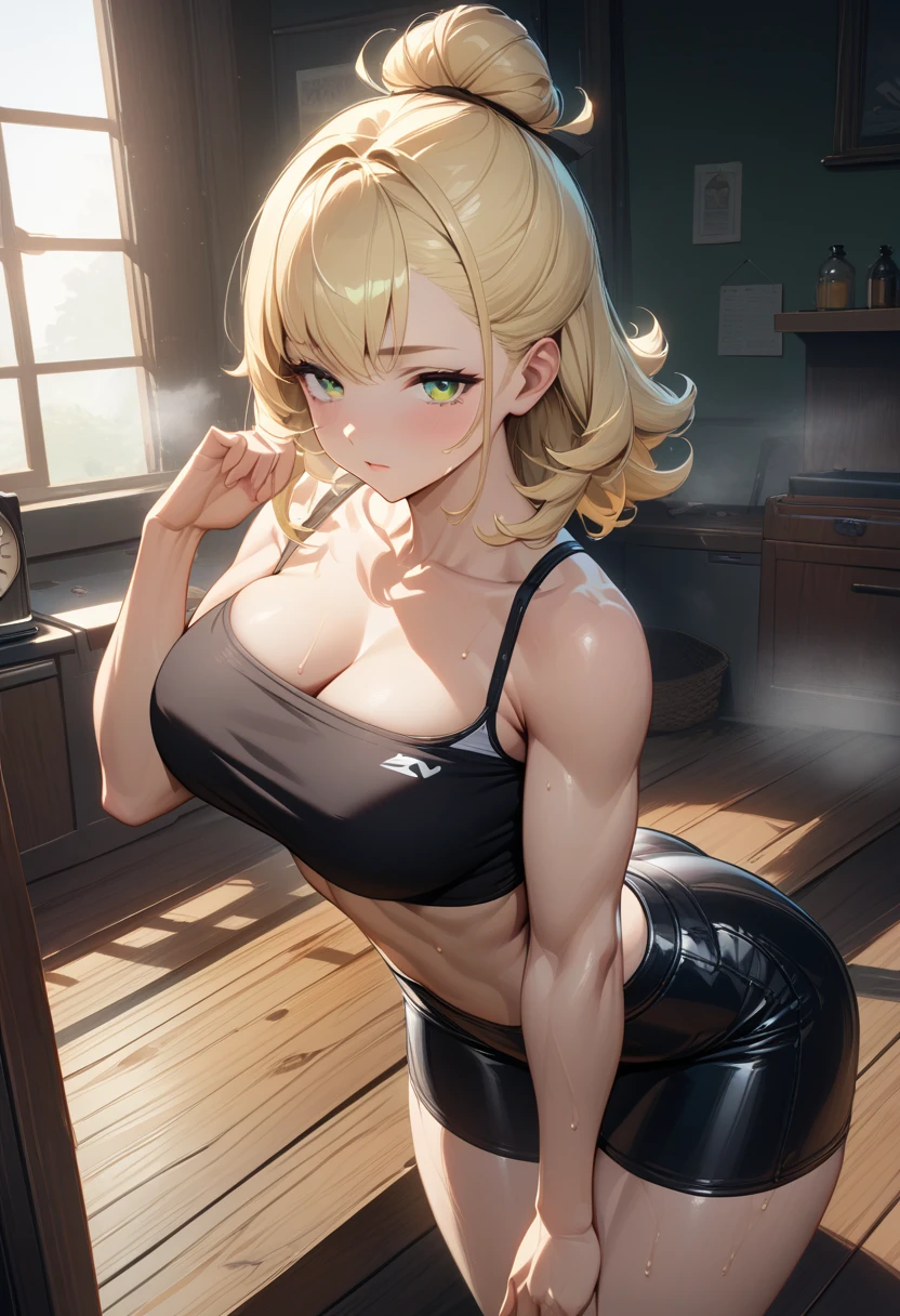 masterpiece,best quality,high resolution,8k,ultra HD,wallpaper,illustration,perfect face,cowboy shot,beautiful detailed eyes,extremely detailed face,perfect lighting,extremely detailed CG,perfect anatomy,perfect body,perfect thick,perfect hands,perfect fingers,1woman,full body,,muscle fighter body,blonde long half up bun hair,light green eyes,large breasts,Medium ass,medium nipples,(black tube top),black short hot pants,clothed,,collarbone,,looking at viewer,(),Steam,sweat, home,(Zenless Zone Zero character Piper),adult,sleepy face,