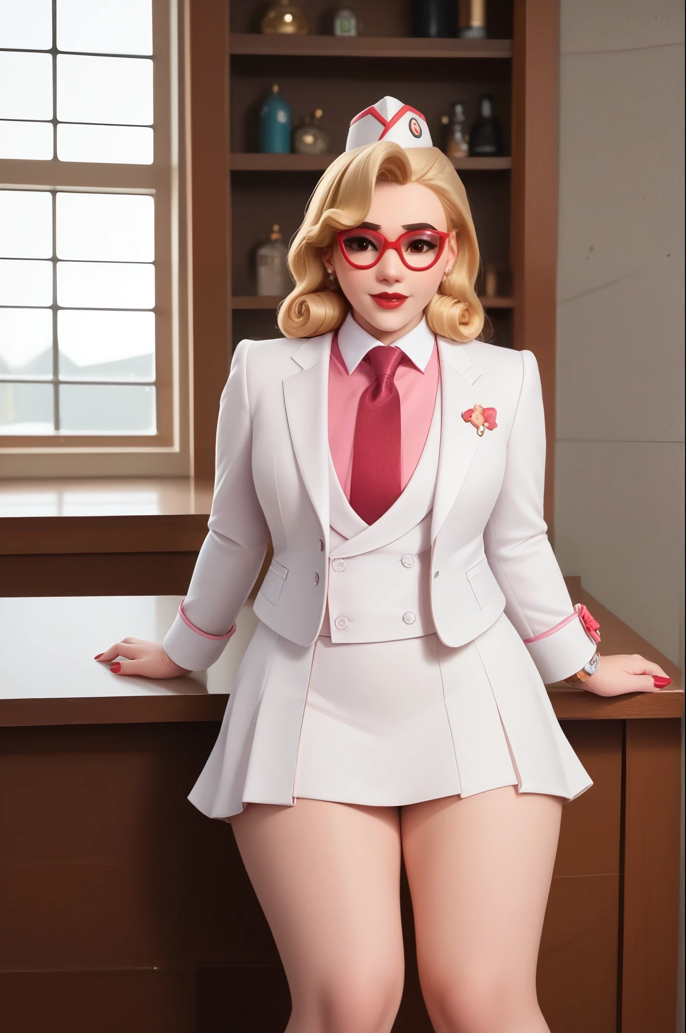 score_9, score_8_up, score_7_up, 1girl, sprinkles mei, mei (overwatch),  three-piece suit, 1girl, solo, blonde hair, glasses, sprinkles mei, smile, pretty, formal, jewelry, (((white skirt suit))), (((red silk necktie))), earrings, (((white jacket))), (((pink shirt with white collar))), sitting on table, (((high heels))), window, watch, jacket, wristwatch, white shirt, red lips, (((white pencil skirt))), (((bodycon pencil skirt))), makeup, black stockings, garter straps, cufflinks, red nails, fully clothed, red lipstick,   in a 50´s restaurant, long sleeves, shiny clothing, tight clothing, (((tight skirt))), silk shirt fabric